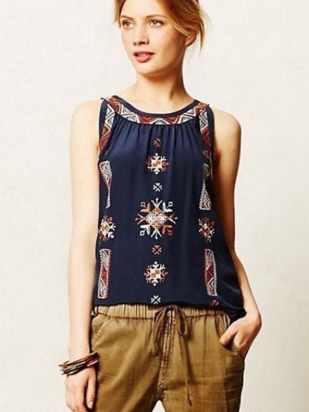 Anthropologie Donka Stitched Navy Embroidered Sleeveless Tank